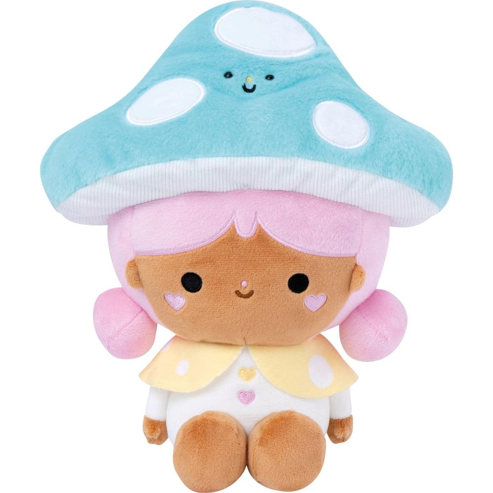 Ein Plüschtier eines Mädchens mit pinken Haaren und einem blauen Pilzhut mit weißen Flecken.
