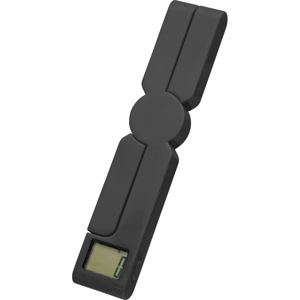 Eine schwarze, faltbare Digitalwaage mit LCD-Anzeige, die Null anzeigt.