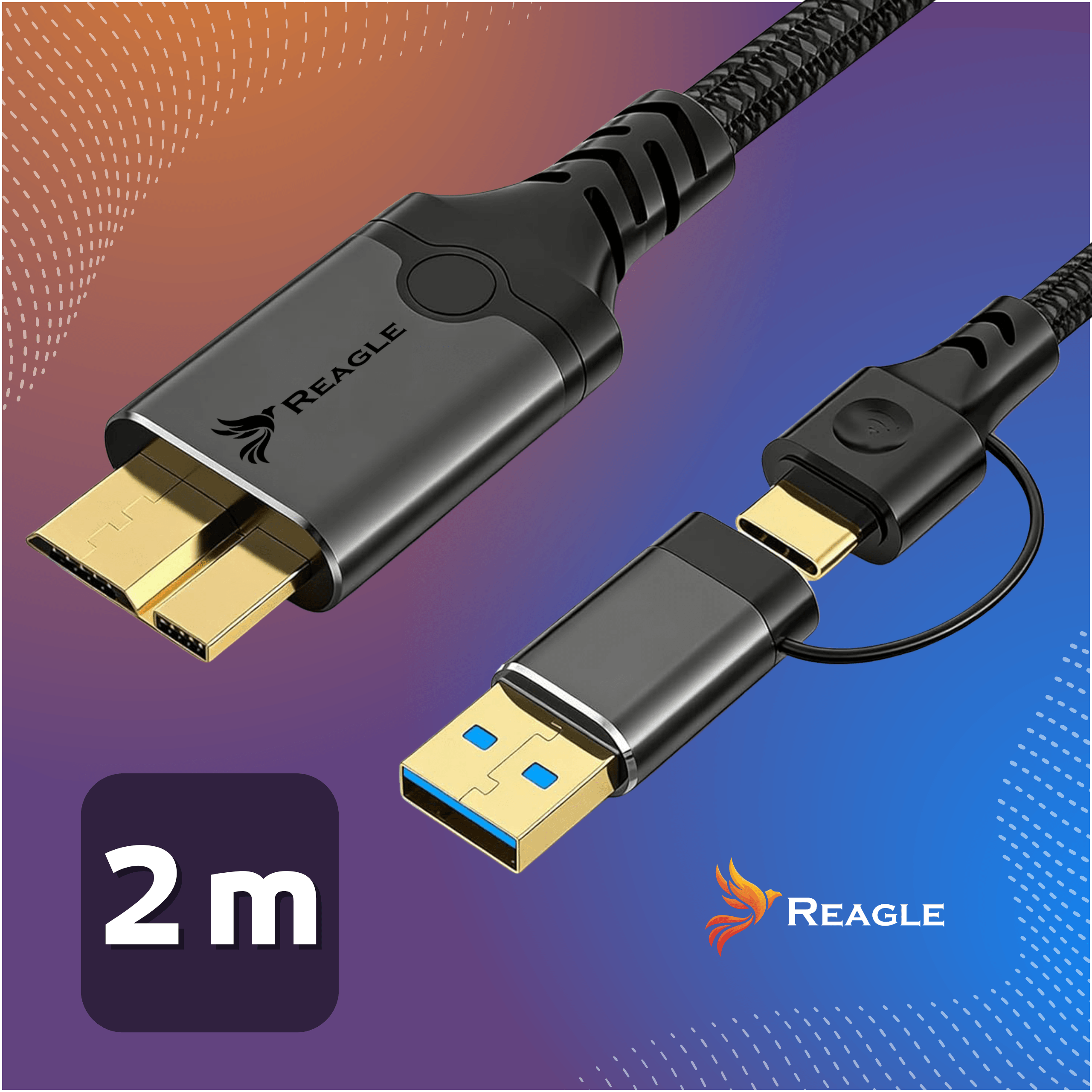 Ein schwarzes Kabel mit HDMI-, USB-C- und USB-A-Anschlüssen.