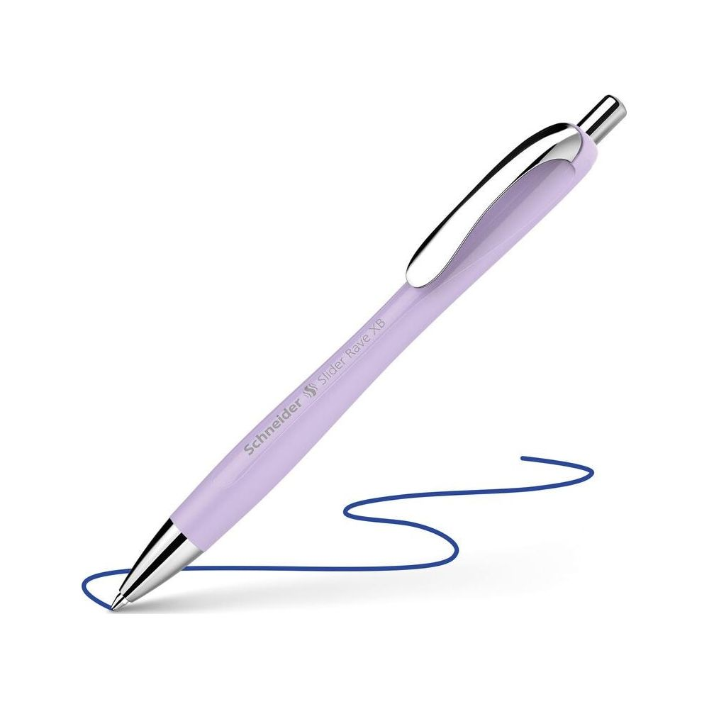 Ein hellvioletter Schneider Stift mit silberner Klammer schreibt eine blaue Linie auf weißem Grund.