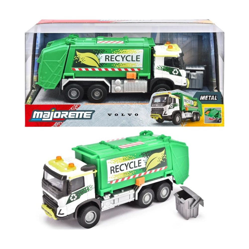 Ein Spielzeug-Müllwagen in Grün und Weiß mit Recycling-Symbolen.