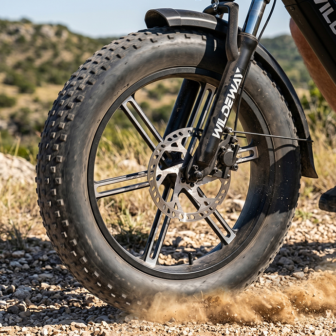 Primo piano della ruota anteriore di una fat bike che solleva polvere su un sentiero ghiaioso.