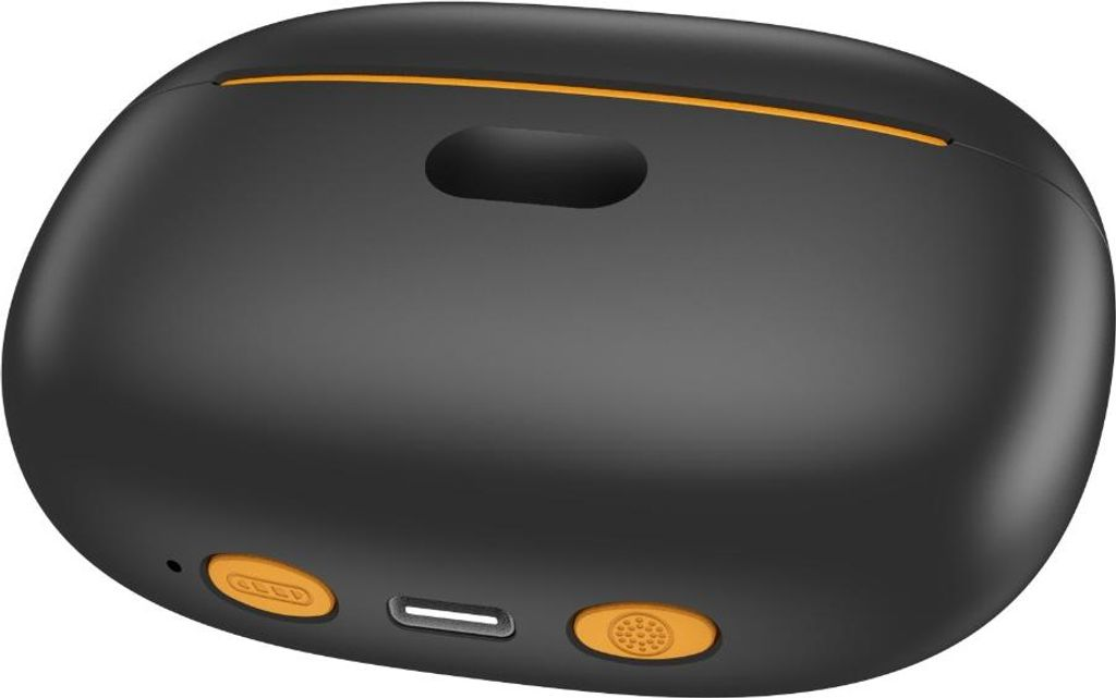 Schwarzes Ladecase mit orangen Akzenten. USB-C-Anschluss sichtbar.