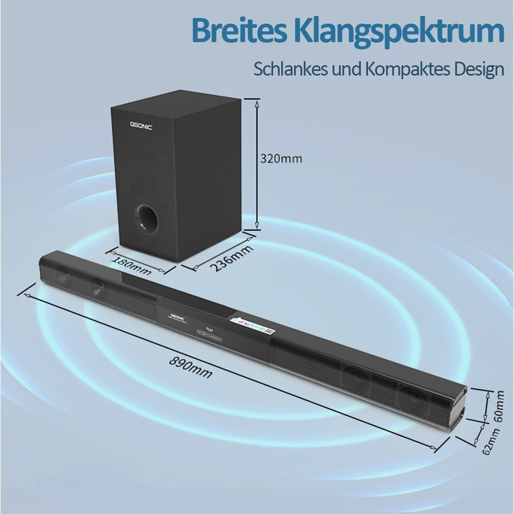 Schwarzer Subwoofer und Soundbar mit Maßen.
