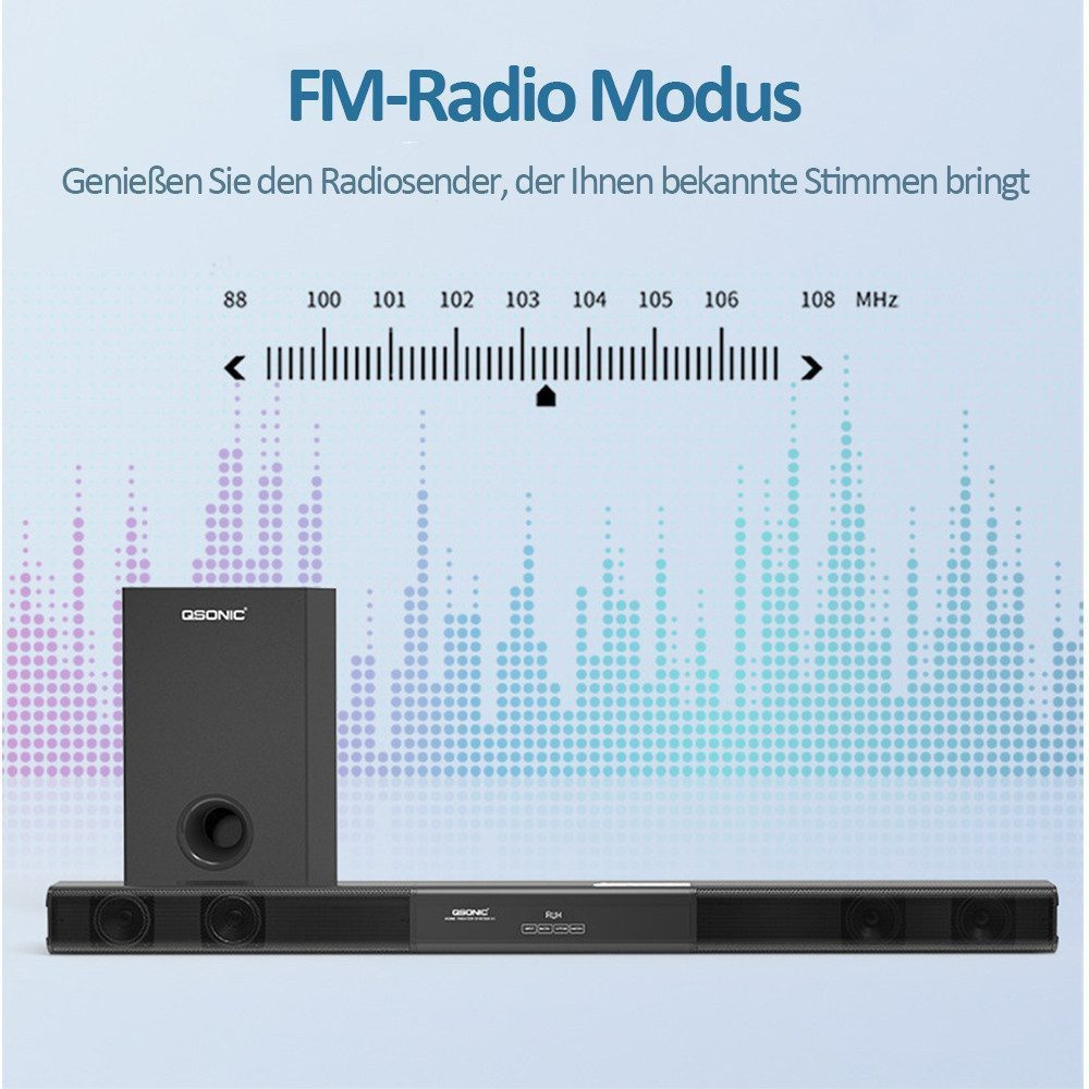 Ein schwarzer Subwoofer und eine Soundbar mit FM-Radio-Anzeige.