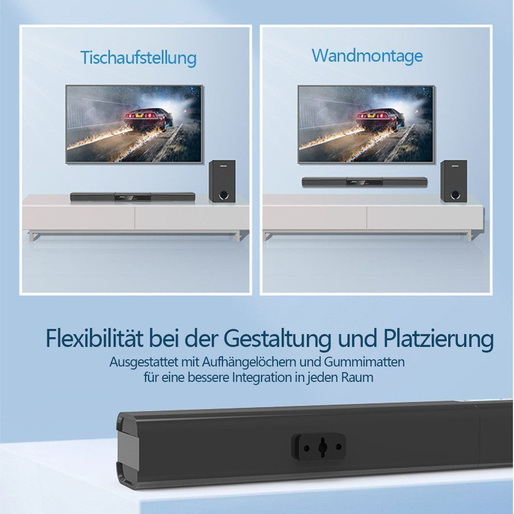 Zwei Aufstelloptionen: TV auf Standfuß oder Wandmontage. Soundbar, Lautsprecher, TV auf Standfuß.