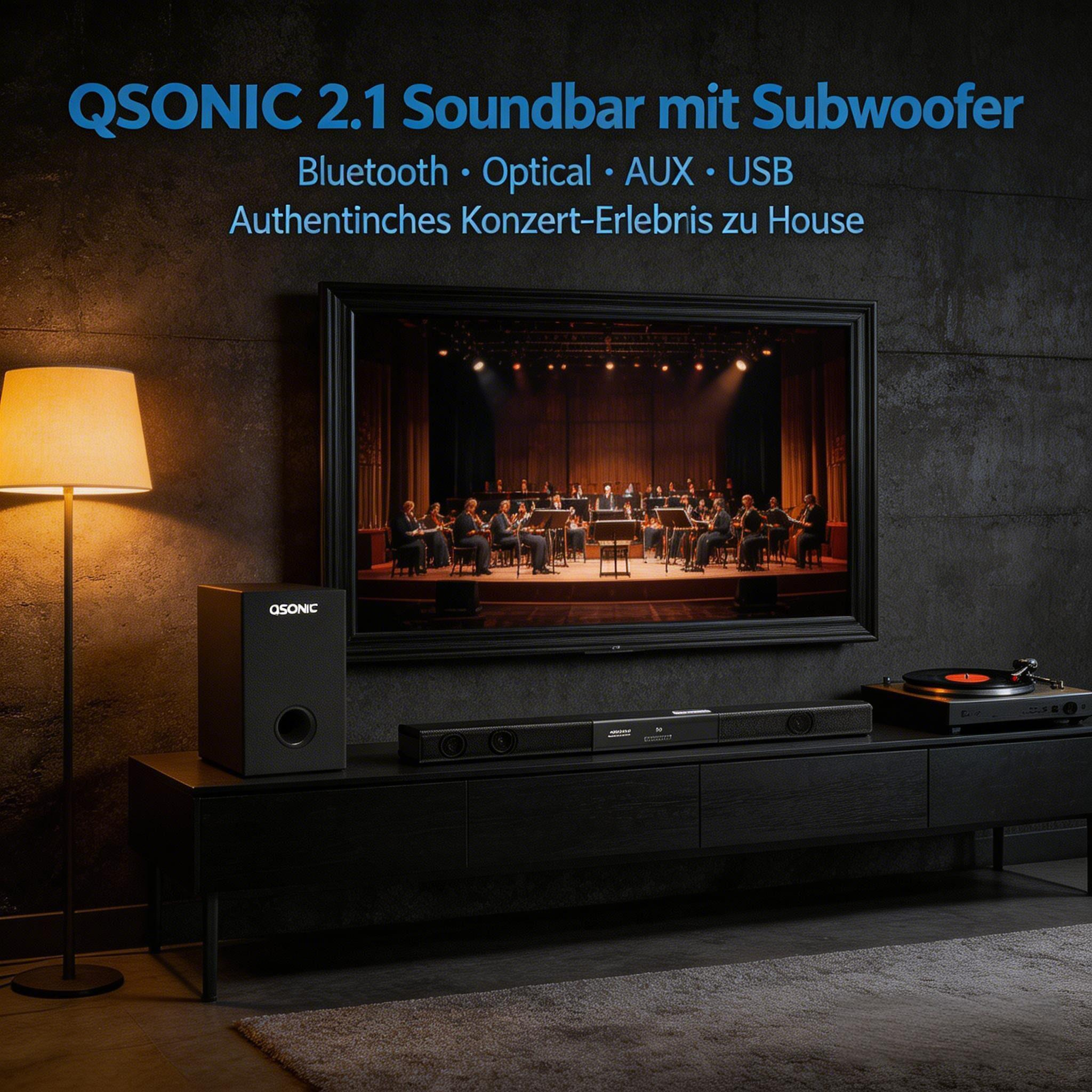 QSONIC 2.1 Soundbar mit Subwoofer, Plattenspieler und Fernseher mit Orchester.