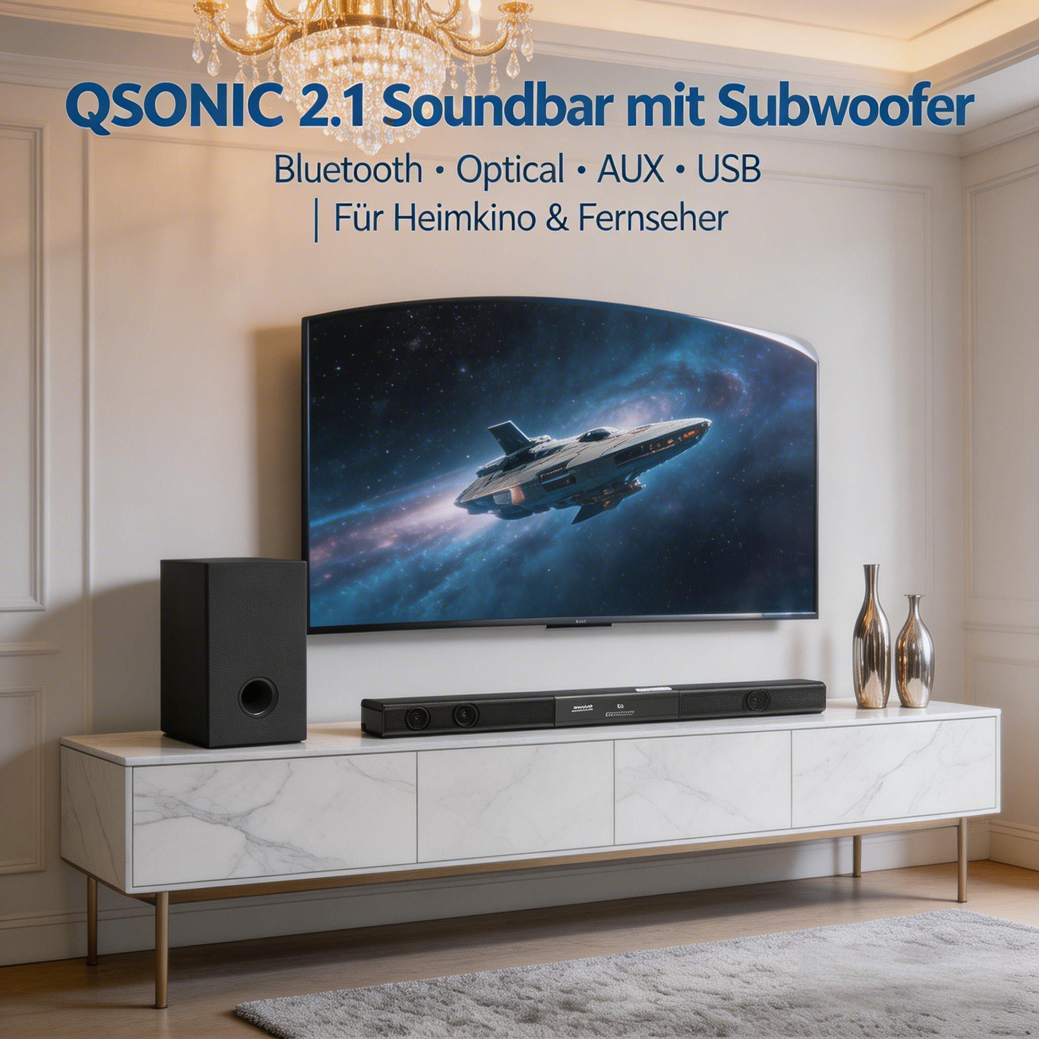Ein QSONIC 2.1 Soundsystem mit Subwoofer vor einem Fernseher mit Raumschiff.