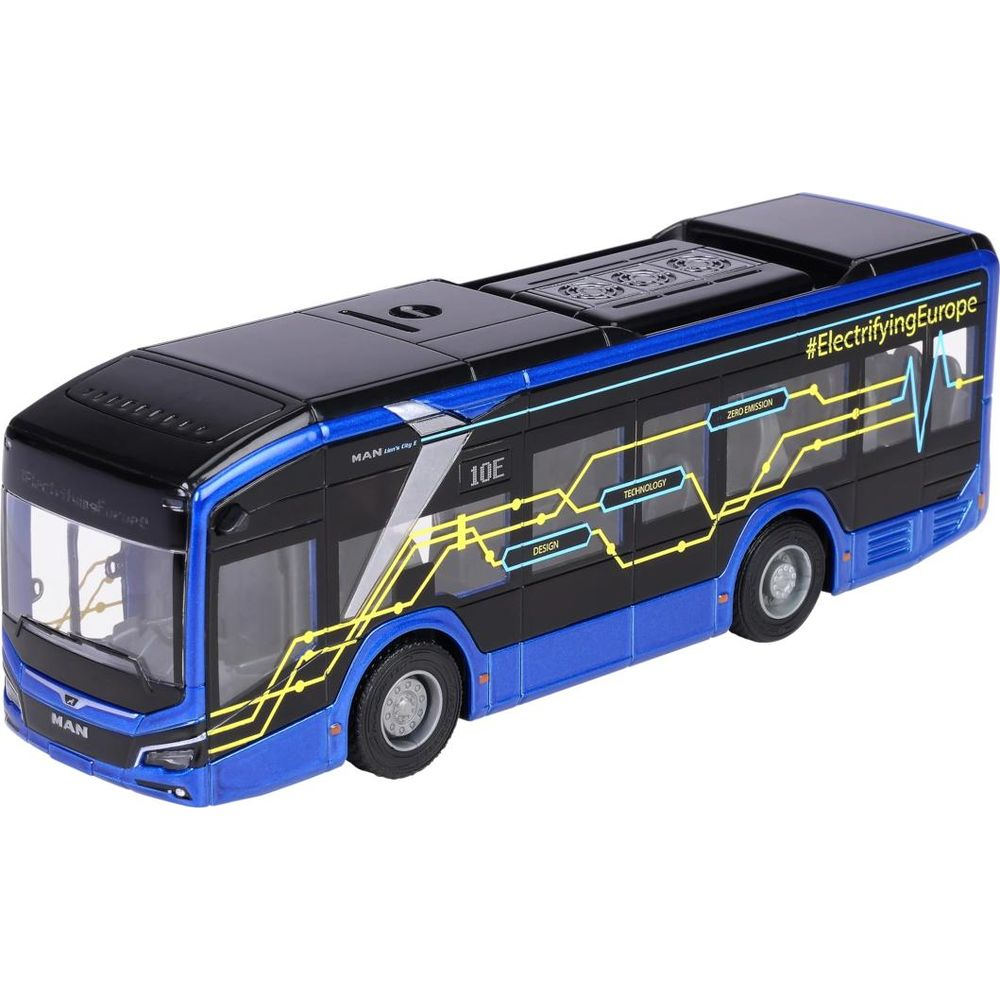 Blaues und schwarzes Busmodell mit gelben Linien und Text #ElectrifyingEurope.