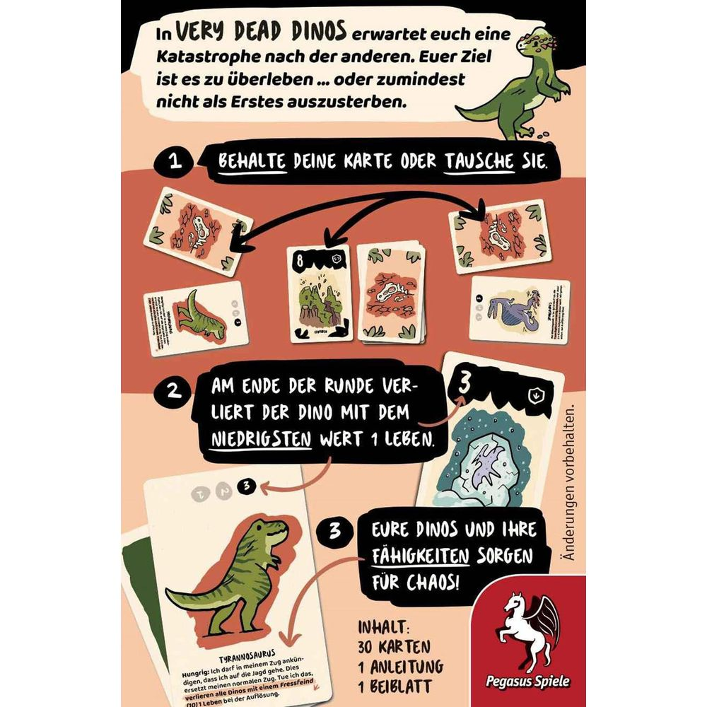 Spielanleitung: Dino-Karten, Regeln, Tyrannosaurus-Info und Pegasus Spiele Logo.