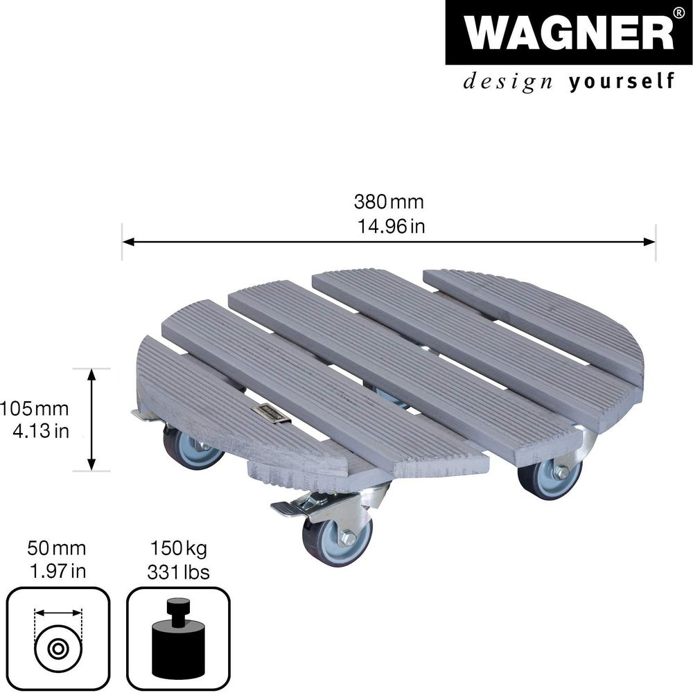 Grauer runder Pflanzenroller aus Holzlamellen mit Rollen, Maße 380x105mm.