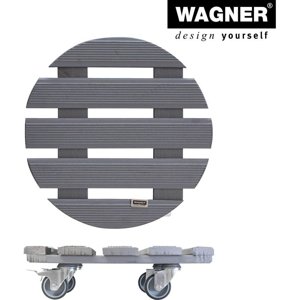 Grauer runder Holzpflanzteller mit Latten und Rollenbasis.