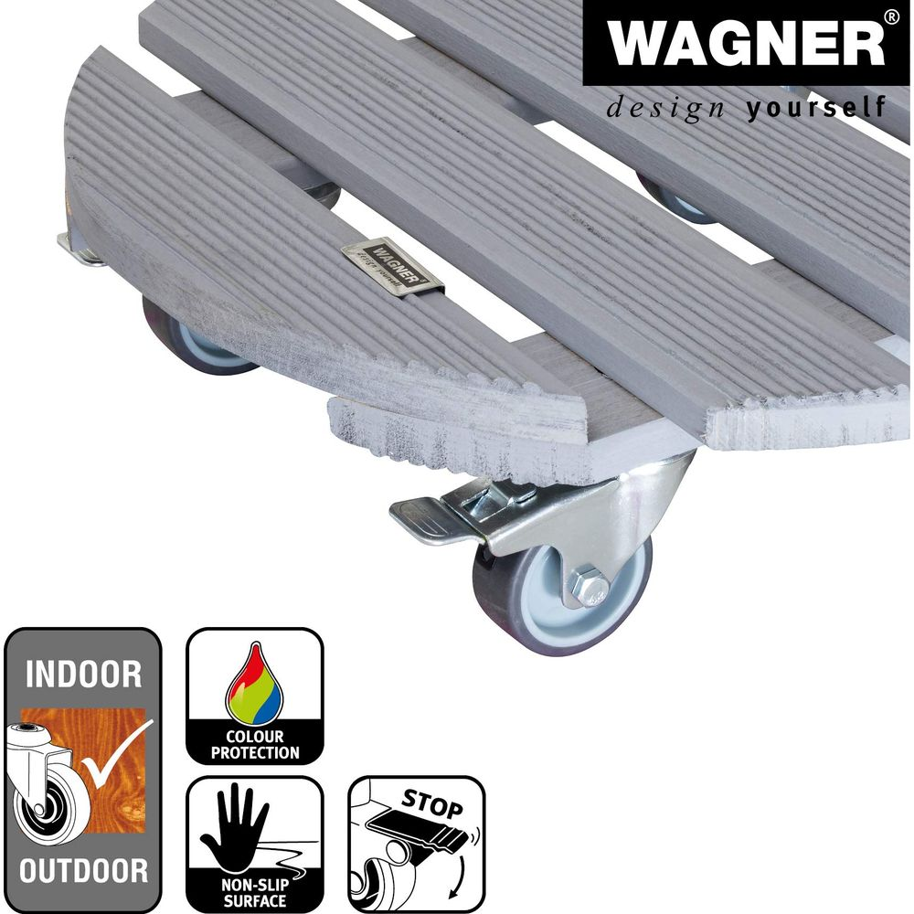 Grauer Holzroller mit Rädern, für Innen und Außen geeignet.