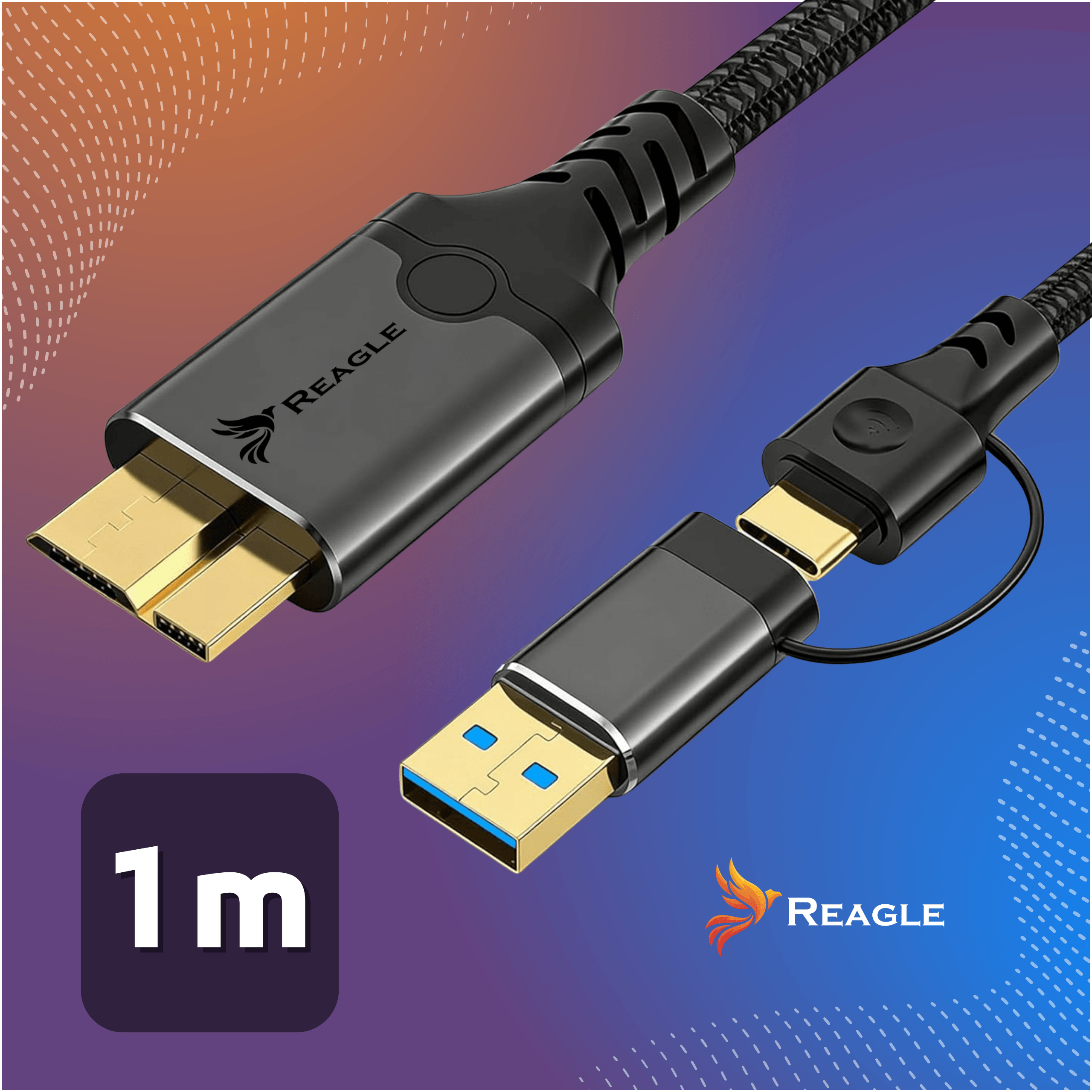 Ein 1m langes schwarzes Kabel mit HDMI-, USB-C- und USB-A-Steckern.