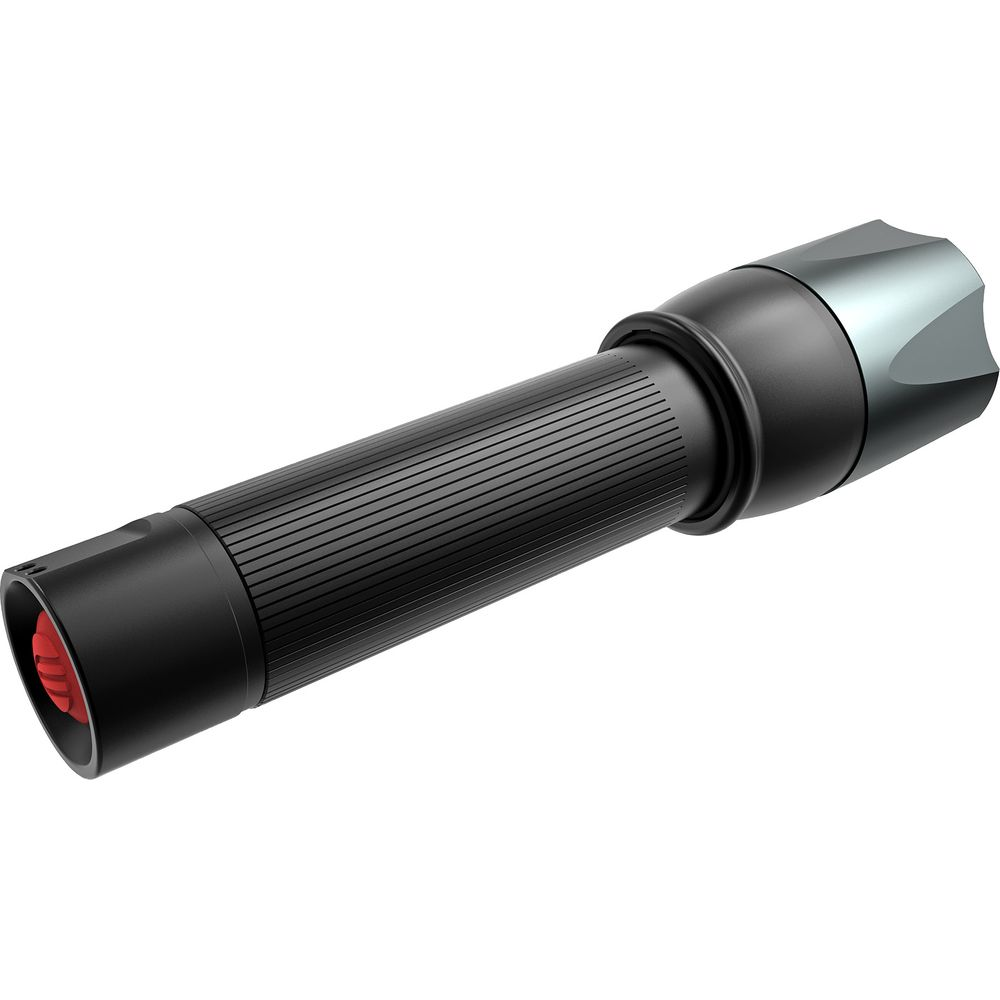 Schwarze Taschenlampe mit geriffeltem Griff und silbernem Kopf.