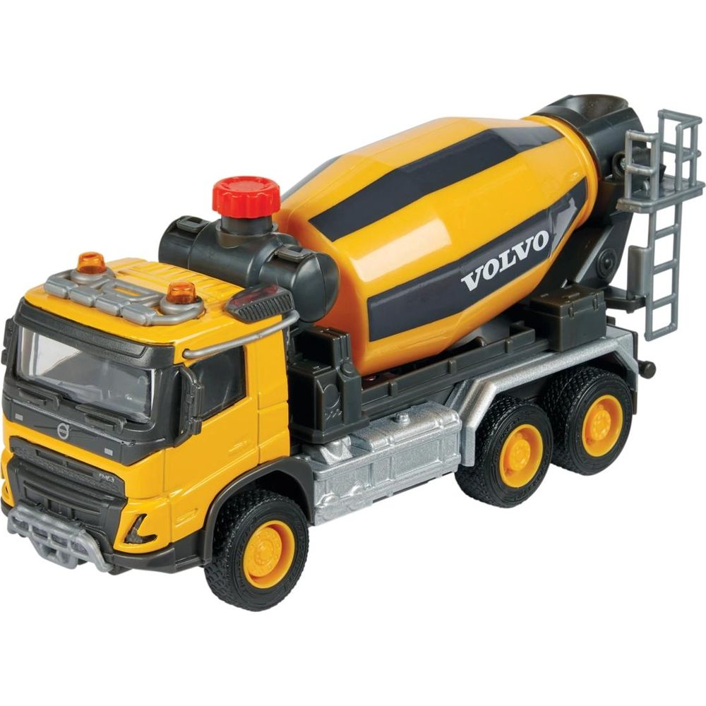 Ein gelber Volvo-Betonmischer-Spielzeuglastwagen mit schwarzen Streifen.