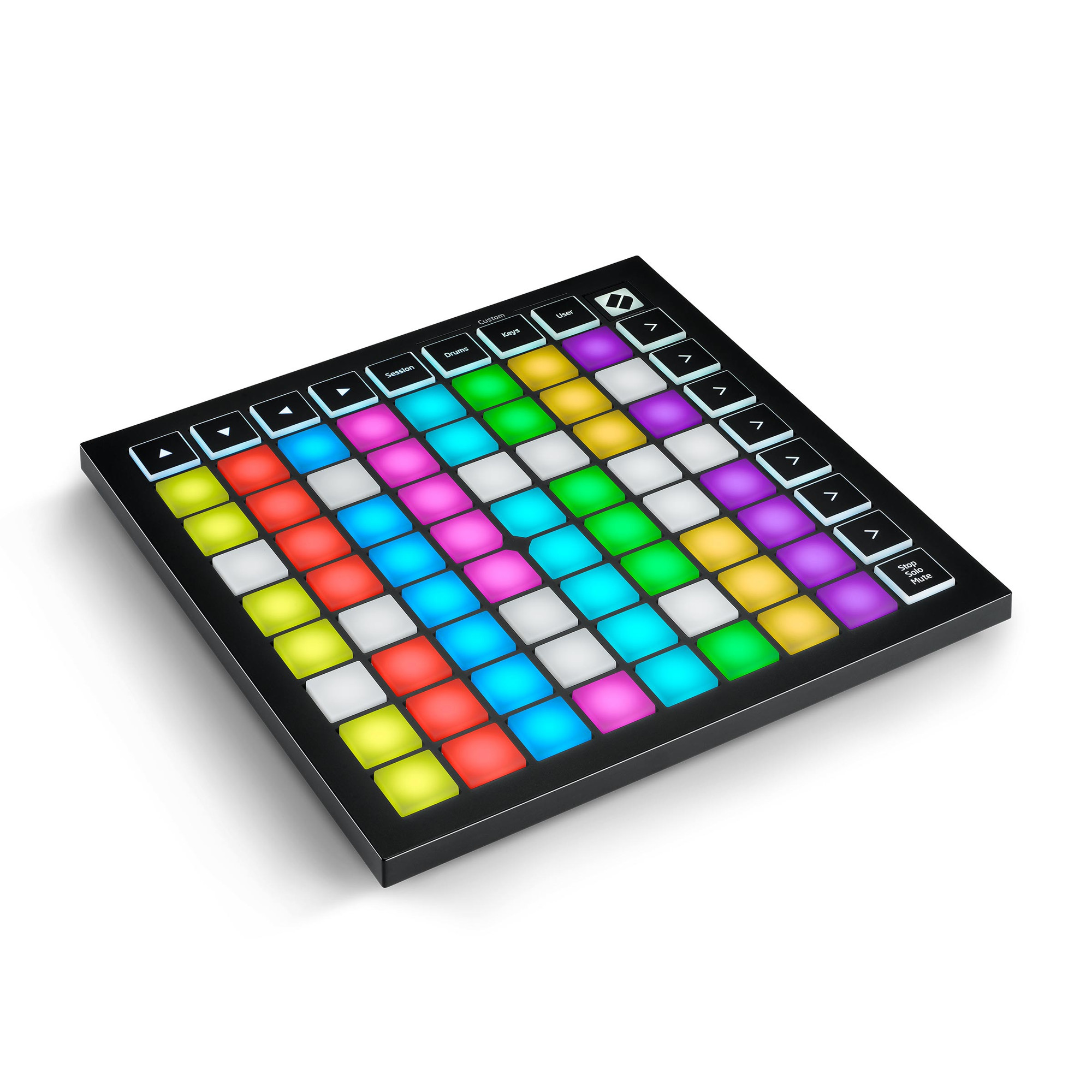 Ein schwarzes MIDI-Keyboard mit bunten, leuchtenden Tasten auf weißem Hintergrund.