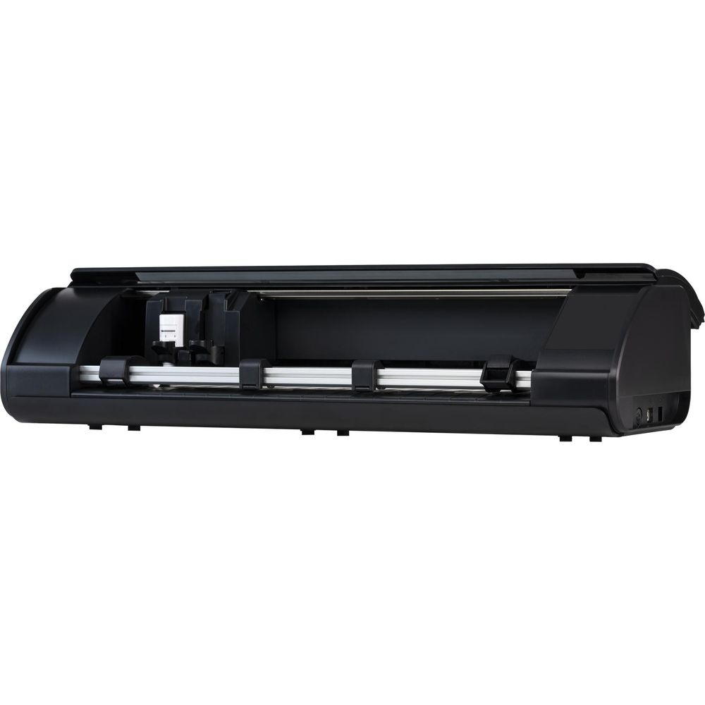 Ein schwarzer Schneideplotter mit silberner Stange und weißem Schlitten.