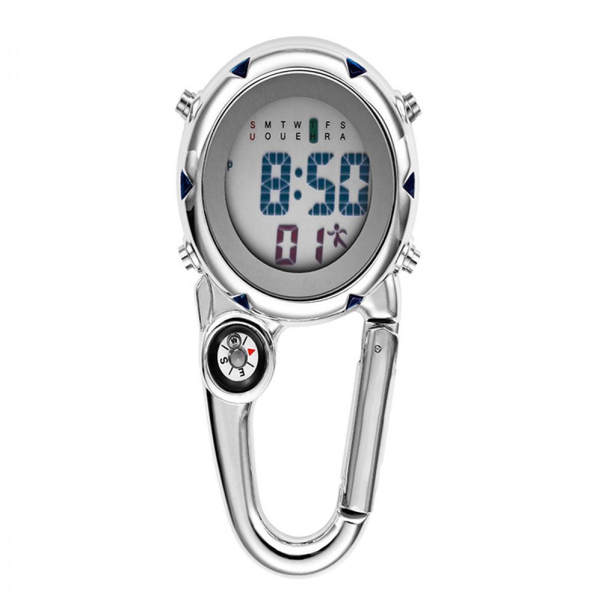 Silberne Clip-Uhr mit digitalem Display und Kompass.