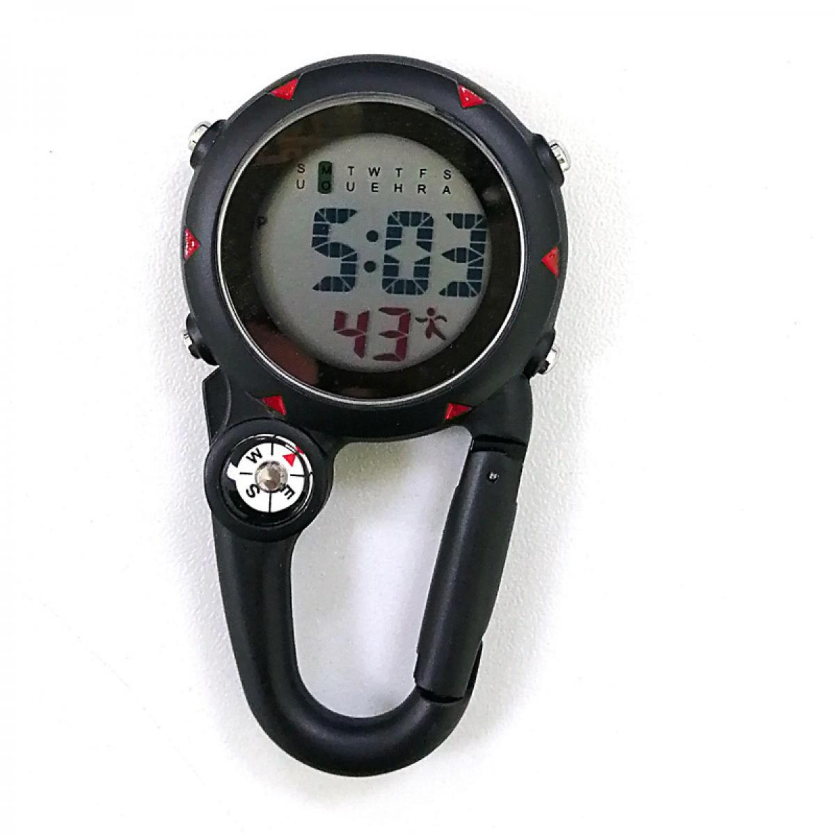 Schwarze Outdoor-Uhr mit Kompass, zeigt 5:03 Uhr und 43 an.