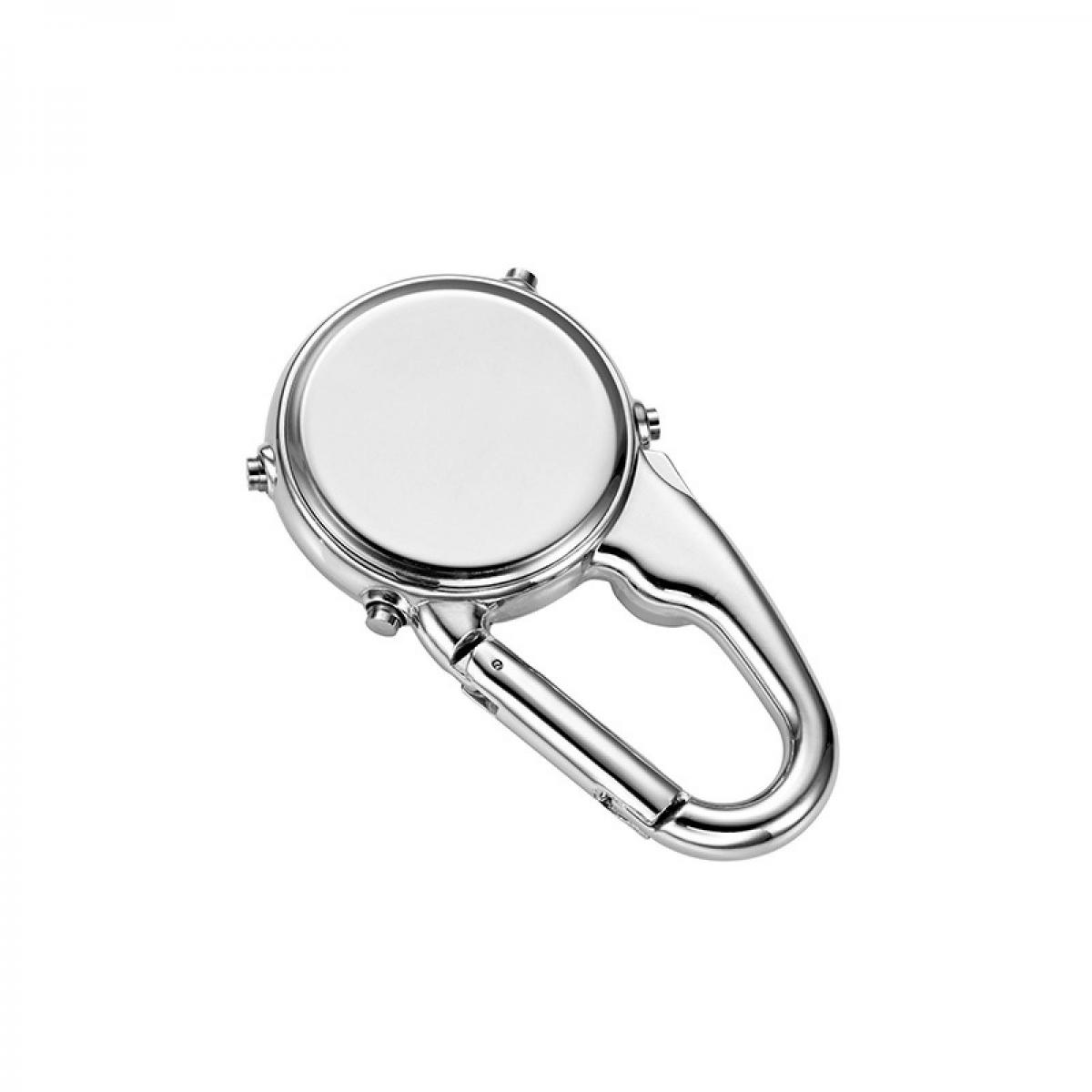 Ein silberner Karabiner mit einem runden, spiegelnden Anhänger.