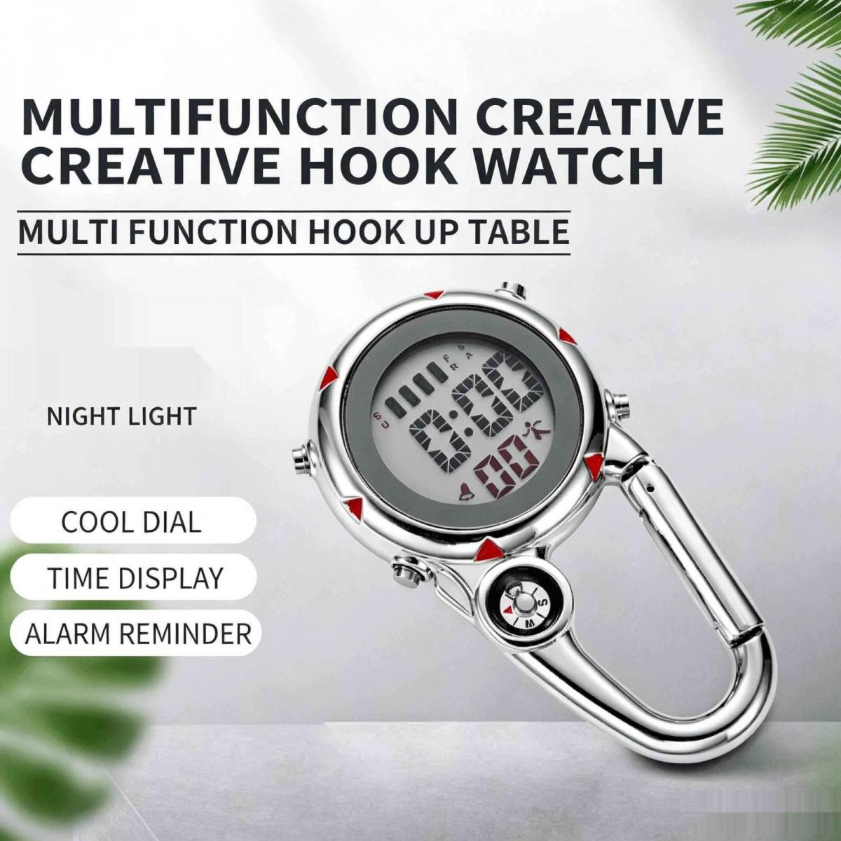 Silberne Multifunktions-Clip-Uhr mit digitalem Display und Kompass.