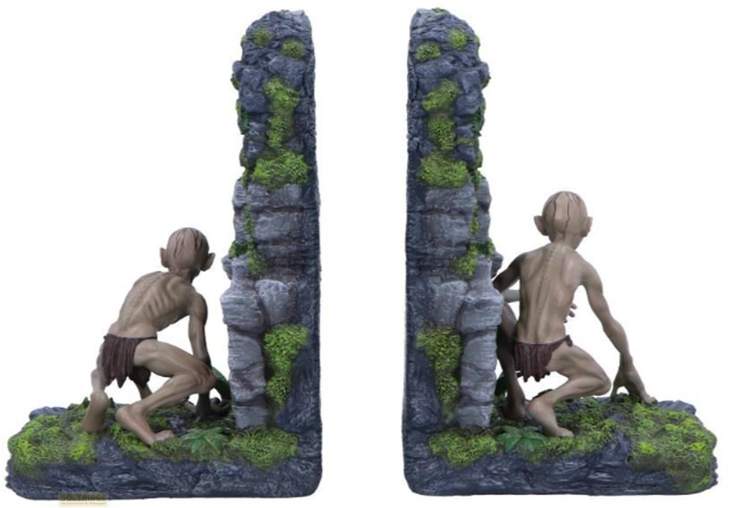 Zwei Gollum-Buchstützen aus Stein mit Moos und zwei Figuren in Kauerposition.