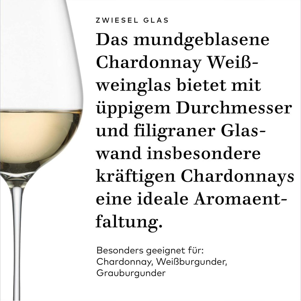 Ein mundgeblasenes Chardonnay-Weißweinglas mit breiter Öffnung und dünner Wand.
