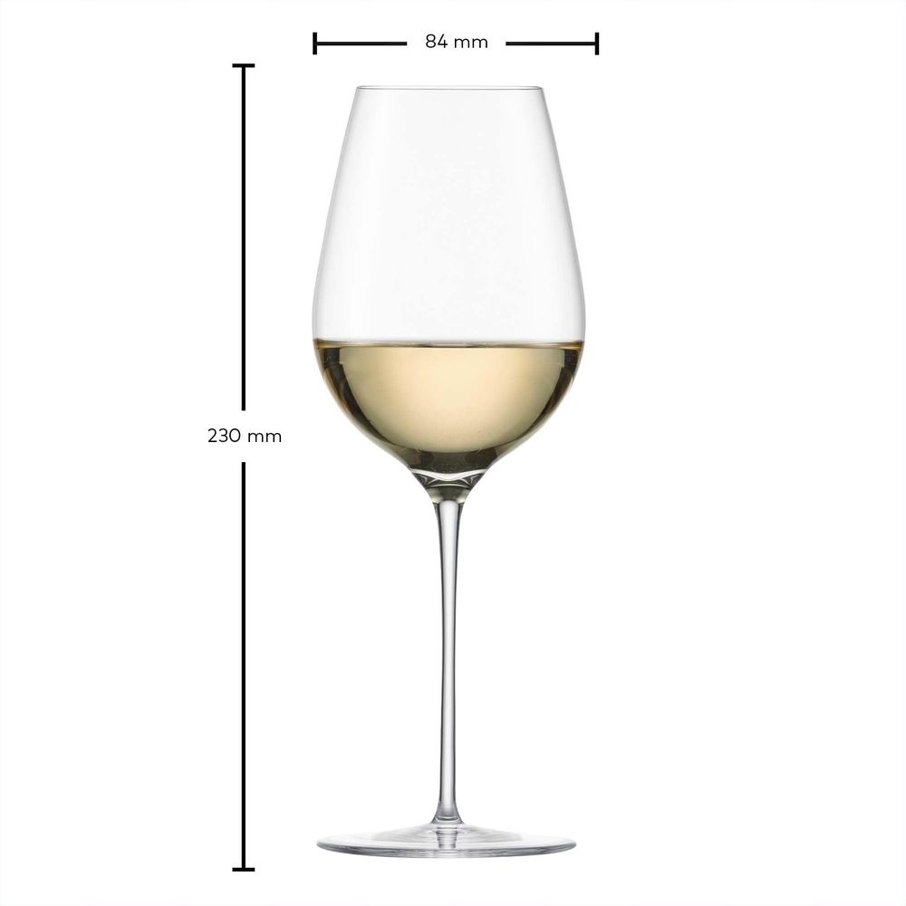 Ein Weinglas mit Weißwein, 230 mm hoch, 84 mm breit.