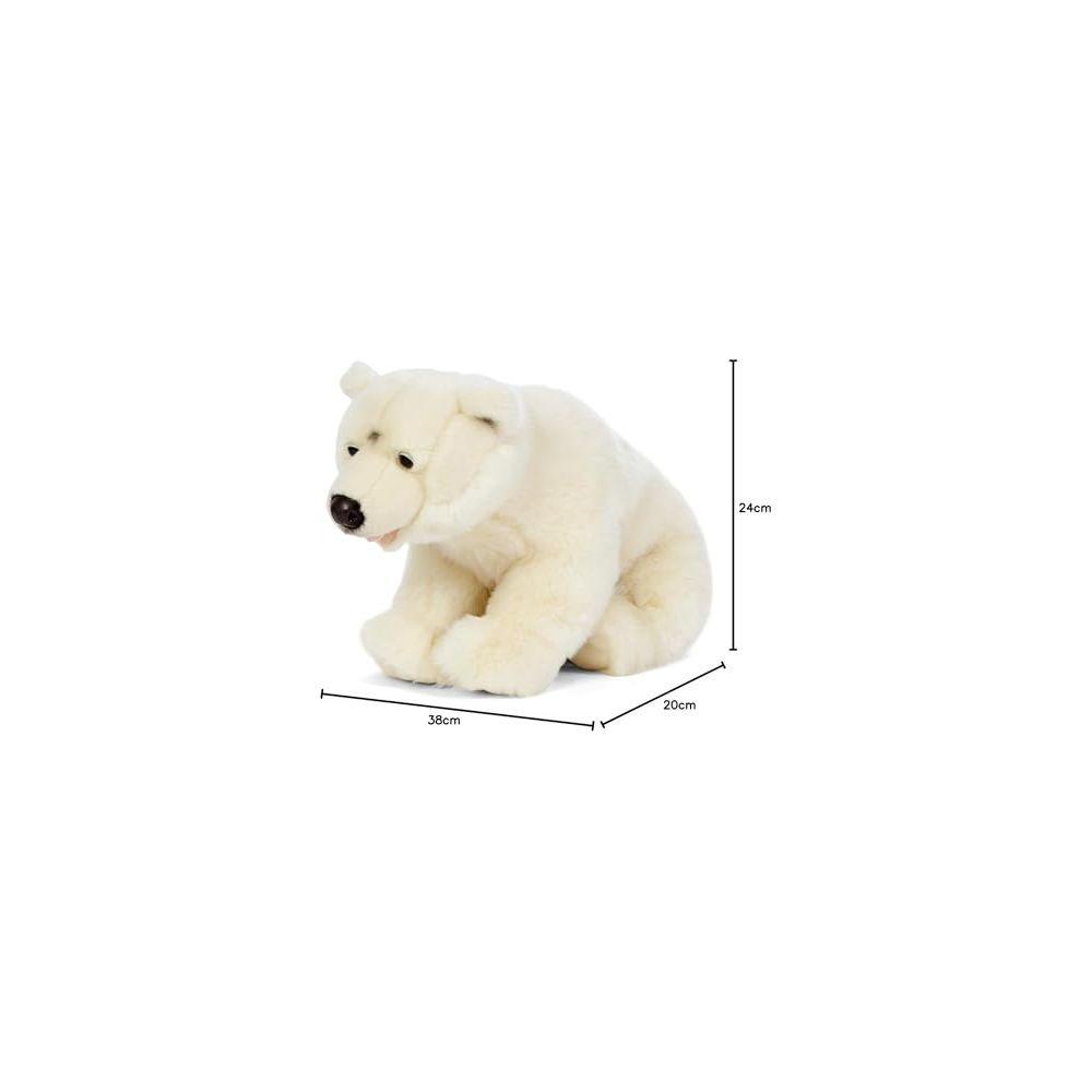 Ein weißer Plüsch-Eisbär sitzt und misst 38cm Länge, 20cm Breite, 24cm Höhe.
