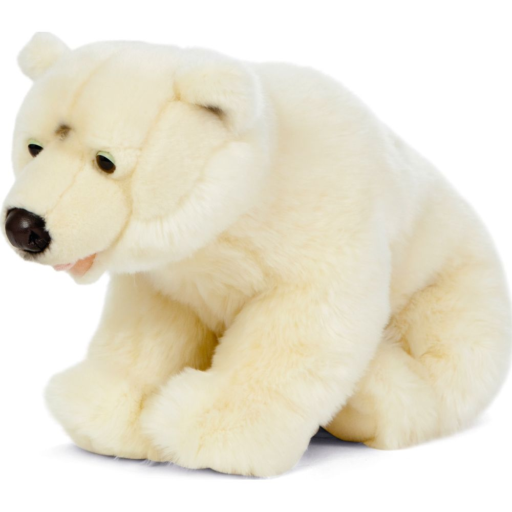 Ein weißes Plüsch-Eisbär-Spielzeug sitzt auf einem weißen Hintergrund.