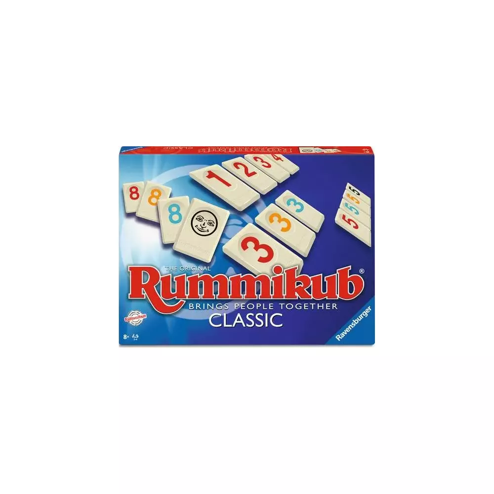 Boîte du jeu de société Rummikub Classic avec des tuiles montrant les chiffres 1, 2, 3, 5 et 8.
