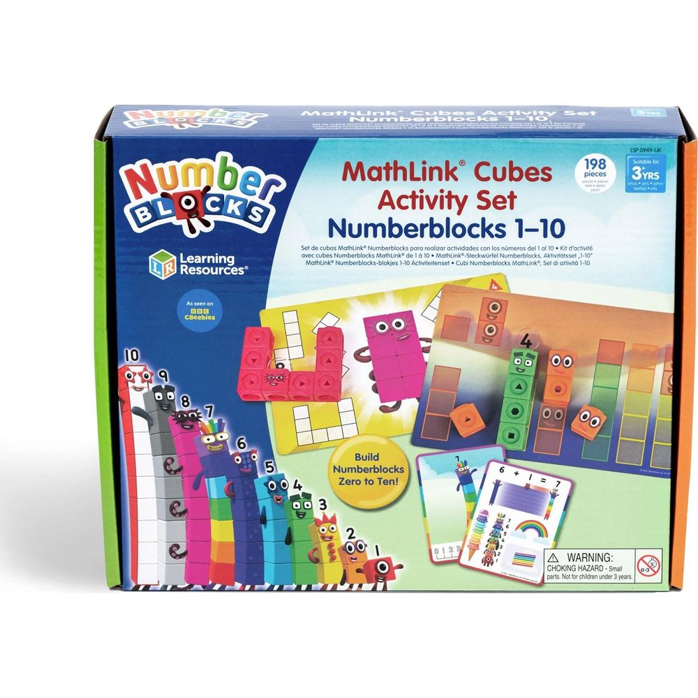 Verpackung für MathLink Cubes Aktivitätsset Numberblocks 1-10 mit bunten Blöcken.