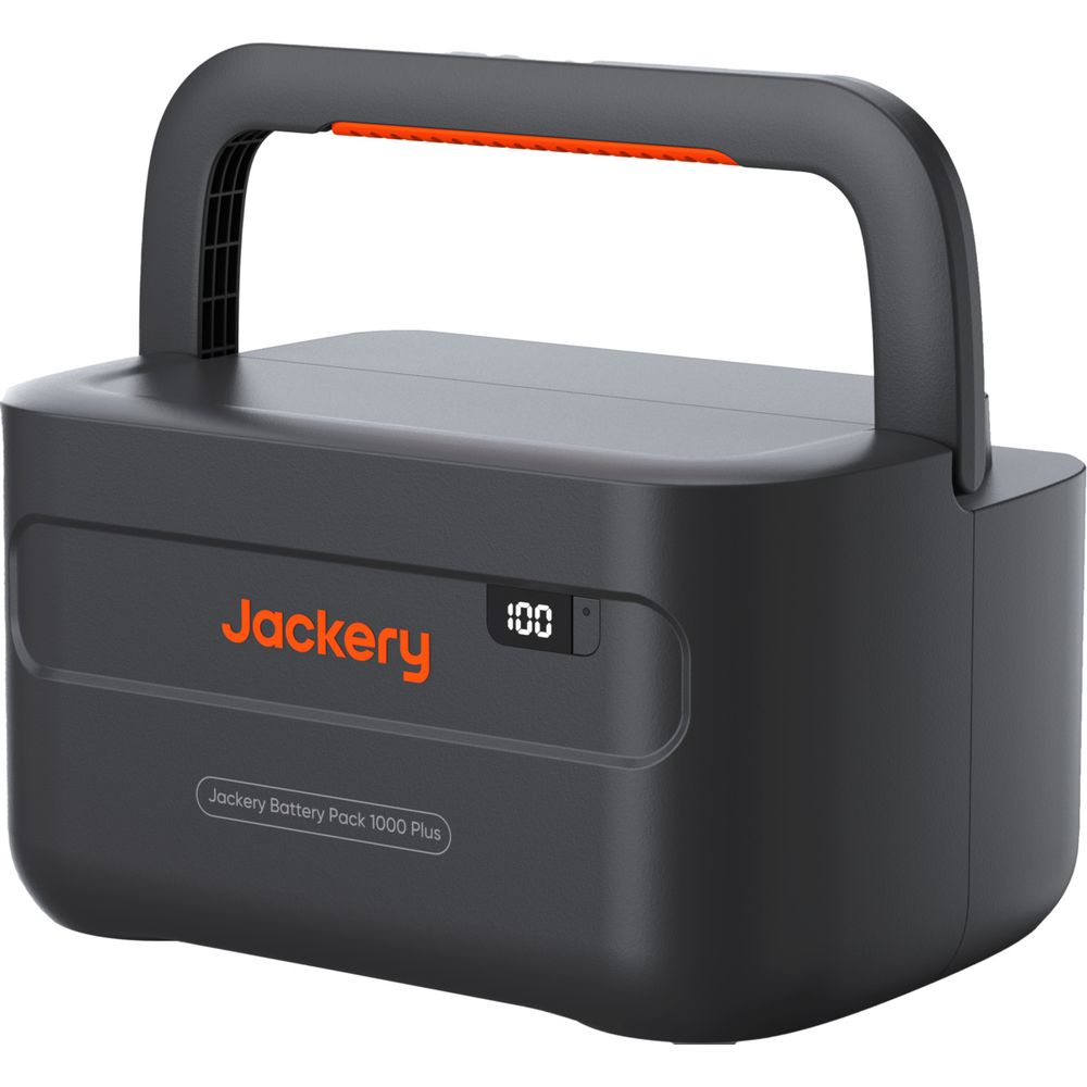 Schwarzer Jackery Akku 1000 Plus mit orangefarbenem Griff, Digitalanzeige 100.