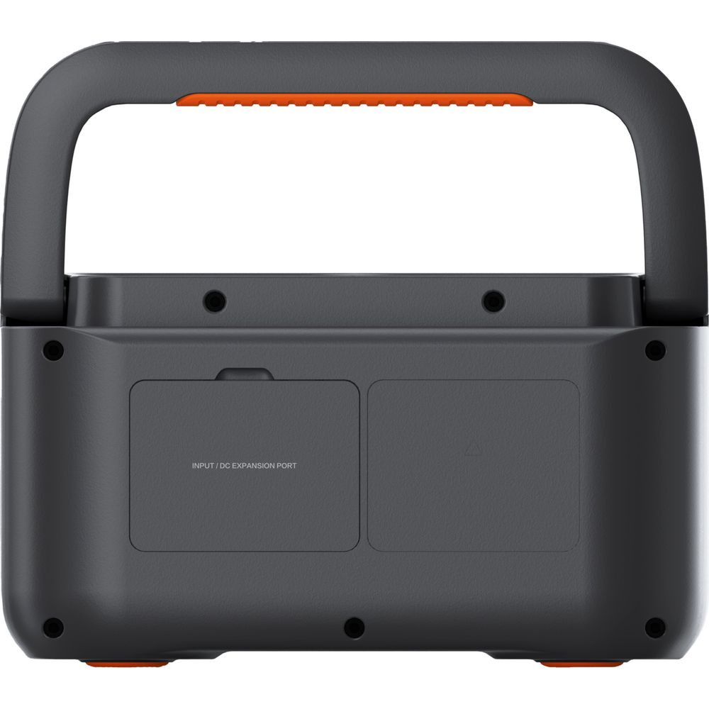 Graues tragbares Kraftwerk mit orangefarbenem Griff und Anschlüssen.