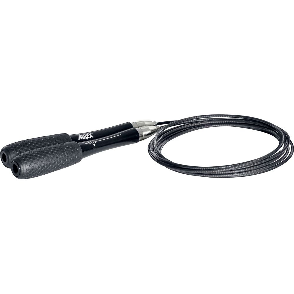 Ein schwarzes Springseil mit gepolsterten Griffen und einem Stahlseil.