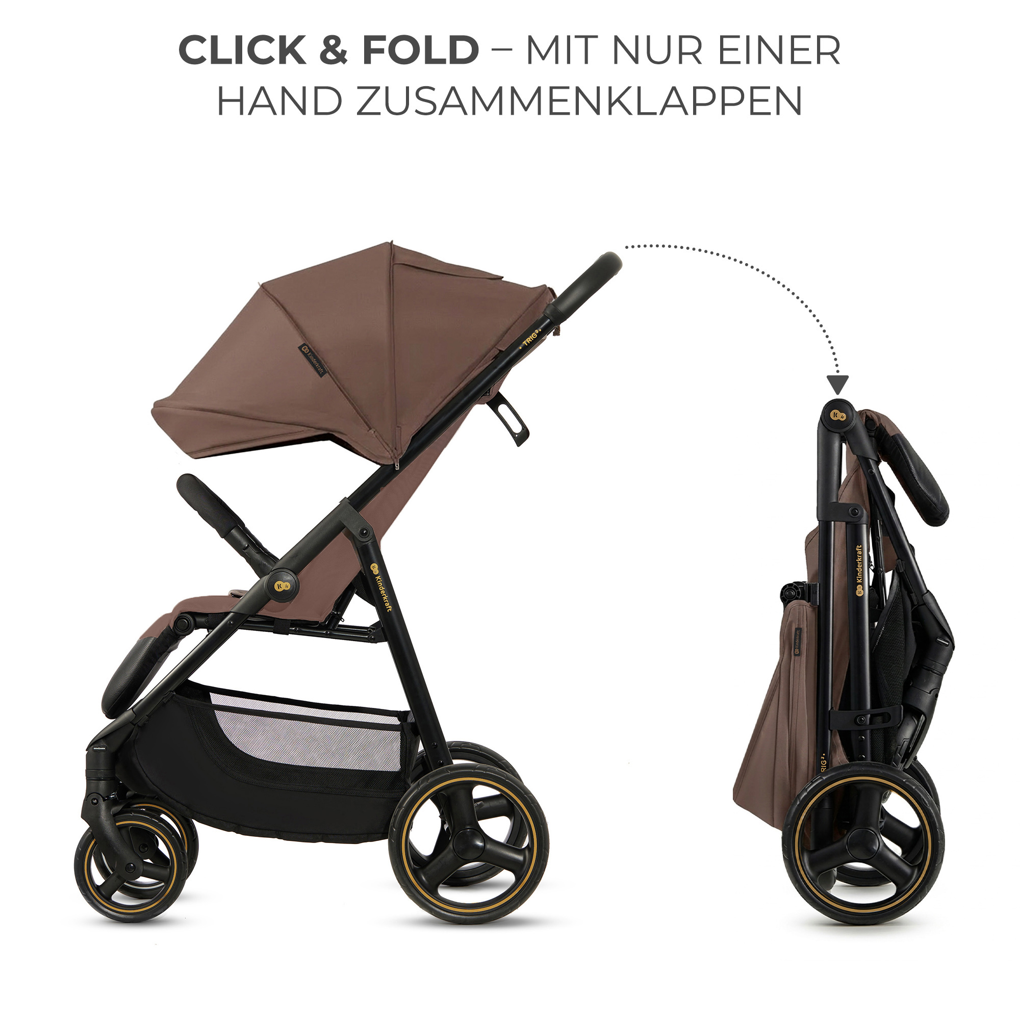 Brauner Kinderwagen, aufgeklappt und zusammengeklappt, auf weißem Hintergrund.