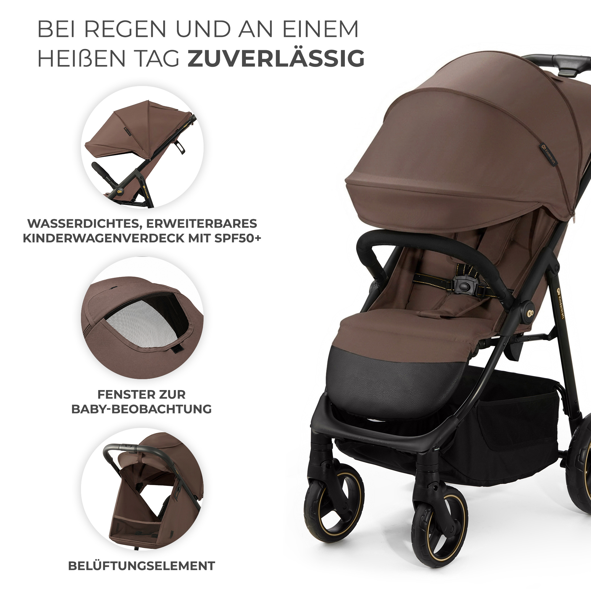 Brauner Kinderwagen mit ausziehbarem Verdeck, Fenstern und Belüftung.