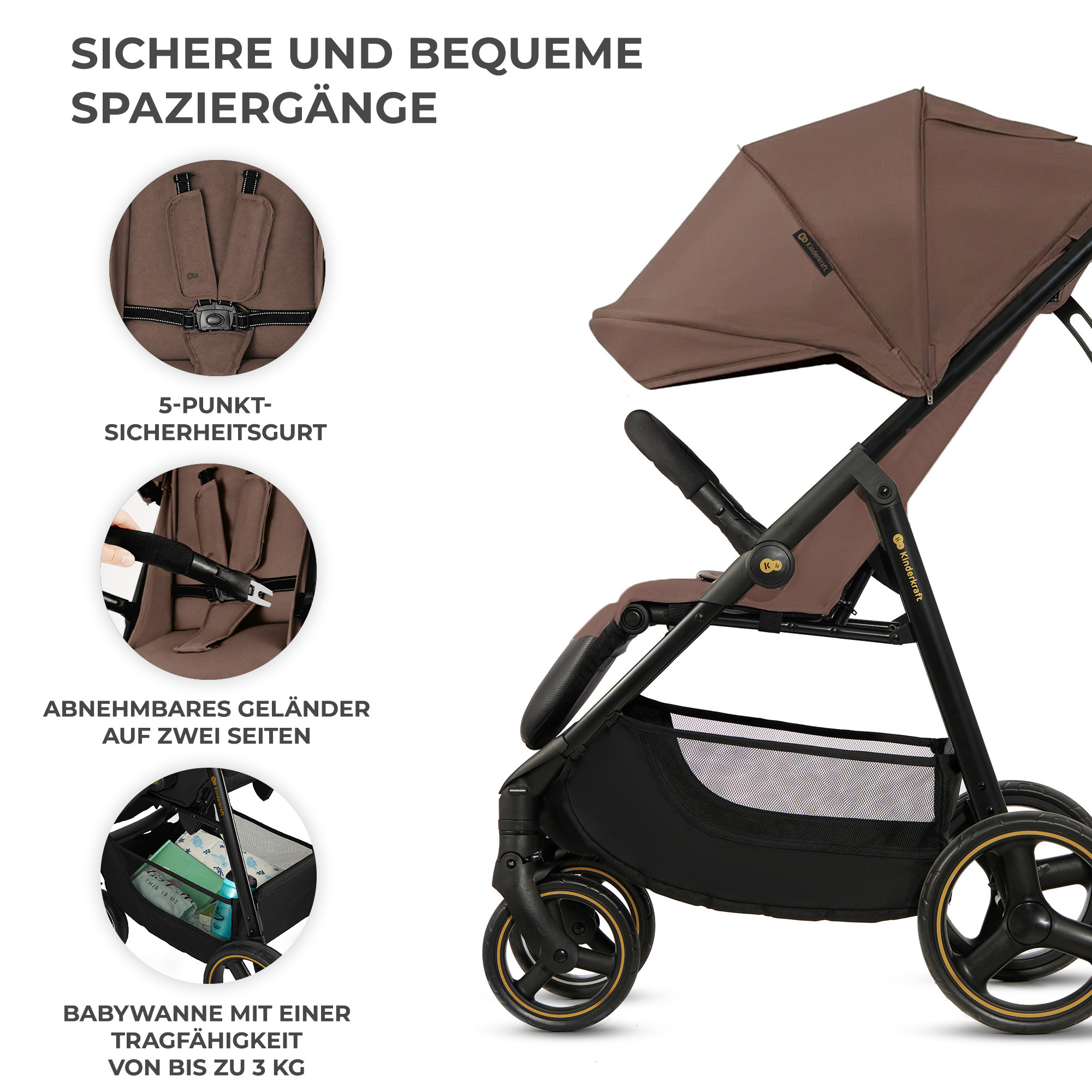 Brauner Kinderwagen mit 5-Punkt-Gurt, abnehmbarem Bügel und Aufbewahrungskorb.