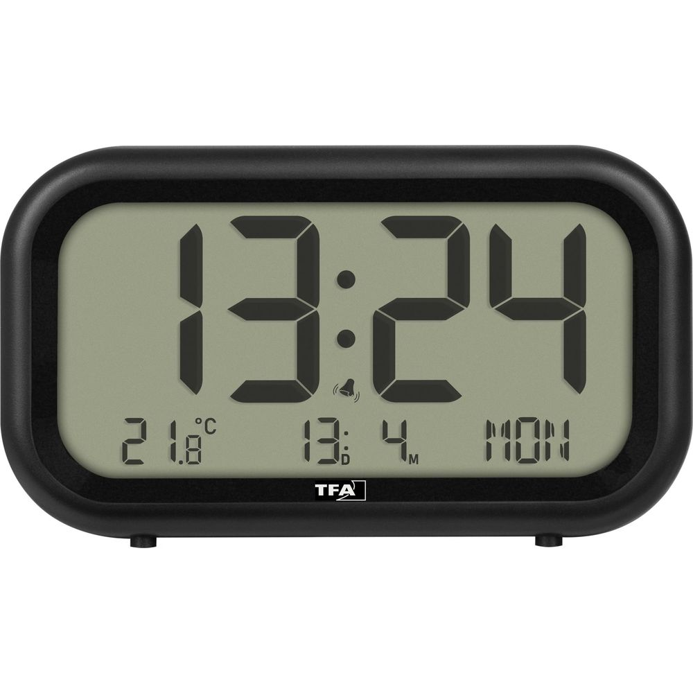 Digitaluhr zeigt 13:24, 21.8°C, 13:4 Uhr und Montag.