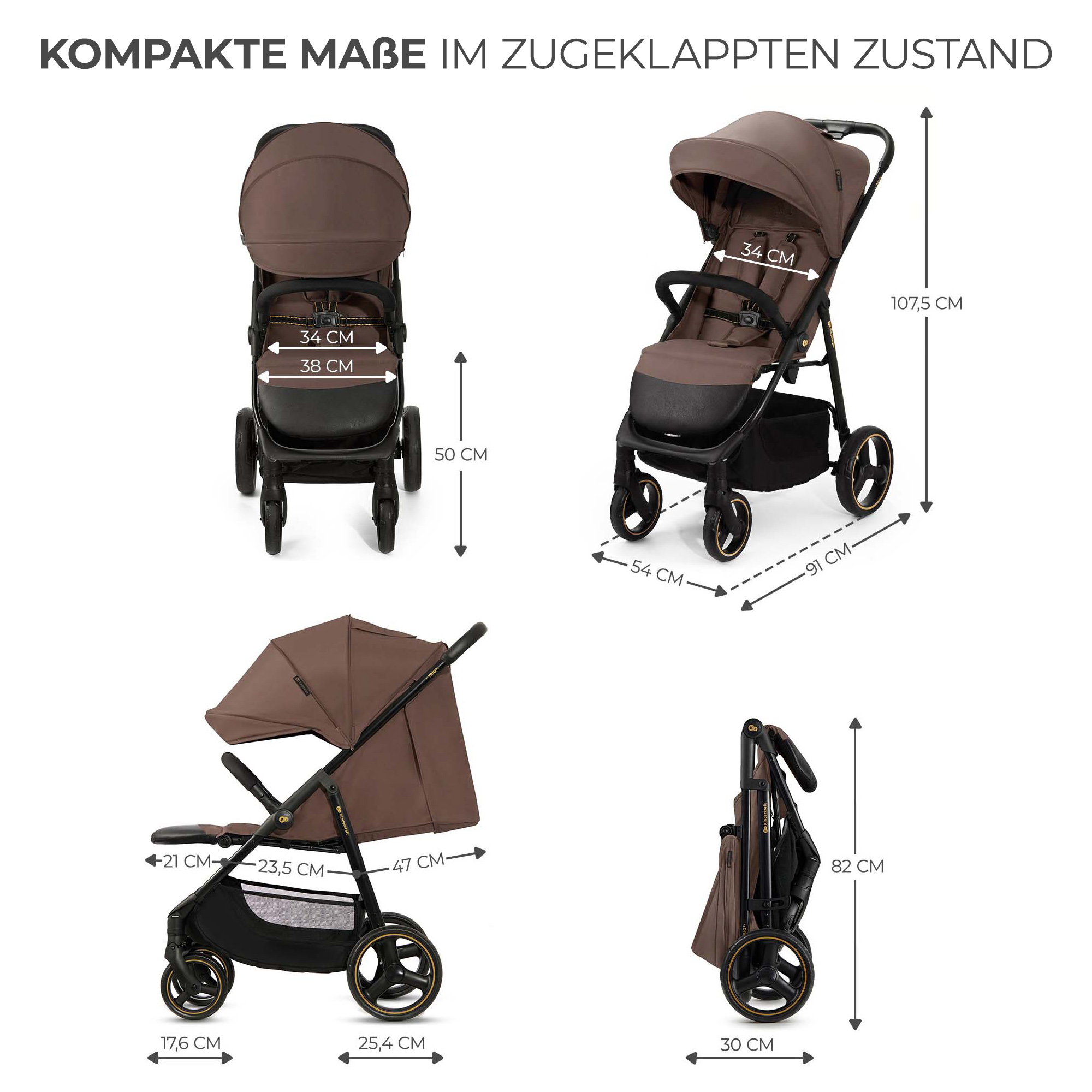 Brauner Kinderwagen in vier Ansichten mit Maßangaben.