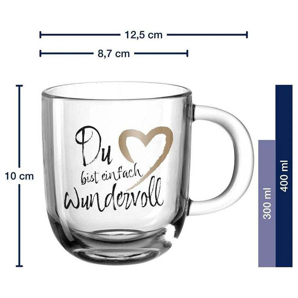 Eine Glas Tasse mit der Aufschrift „Du bist einfach wundervoll“.