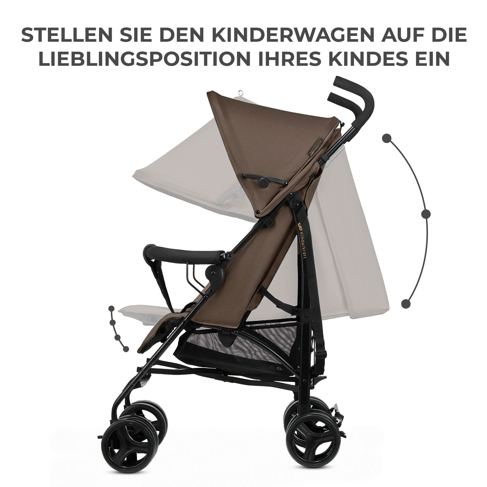 Ein brauner Kinderwagen mit schwarzem Rahmen und Rädern, verstellbarer Rückenlehne.