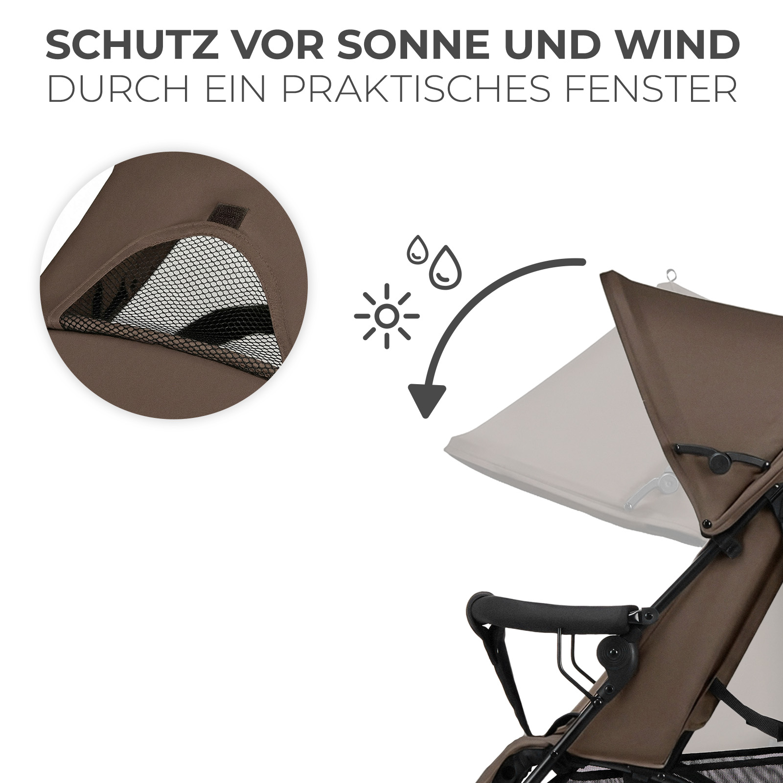 Brauner Kinderwagen mit Netzfenster und Sonnenschutz-Symbolen.