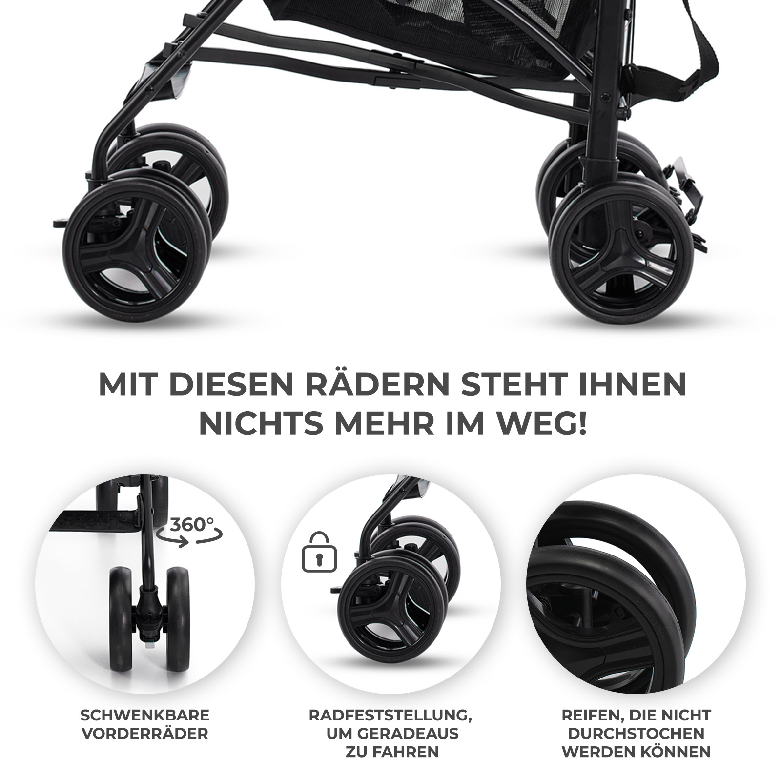 Ein Kinderwagen mit schwenkbaren Vorderrädern, Feststellfunktion und pannensicheren Reifen.
