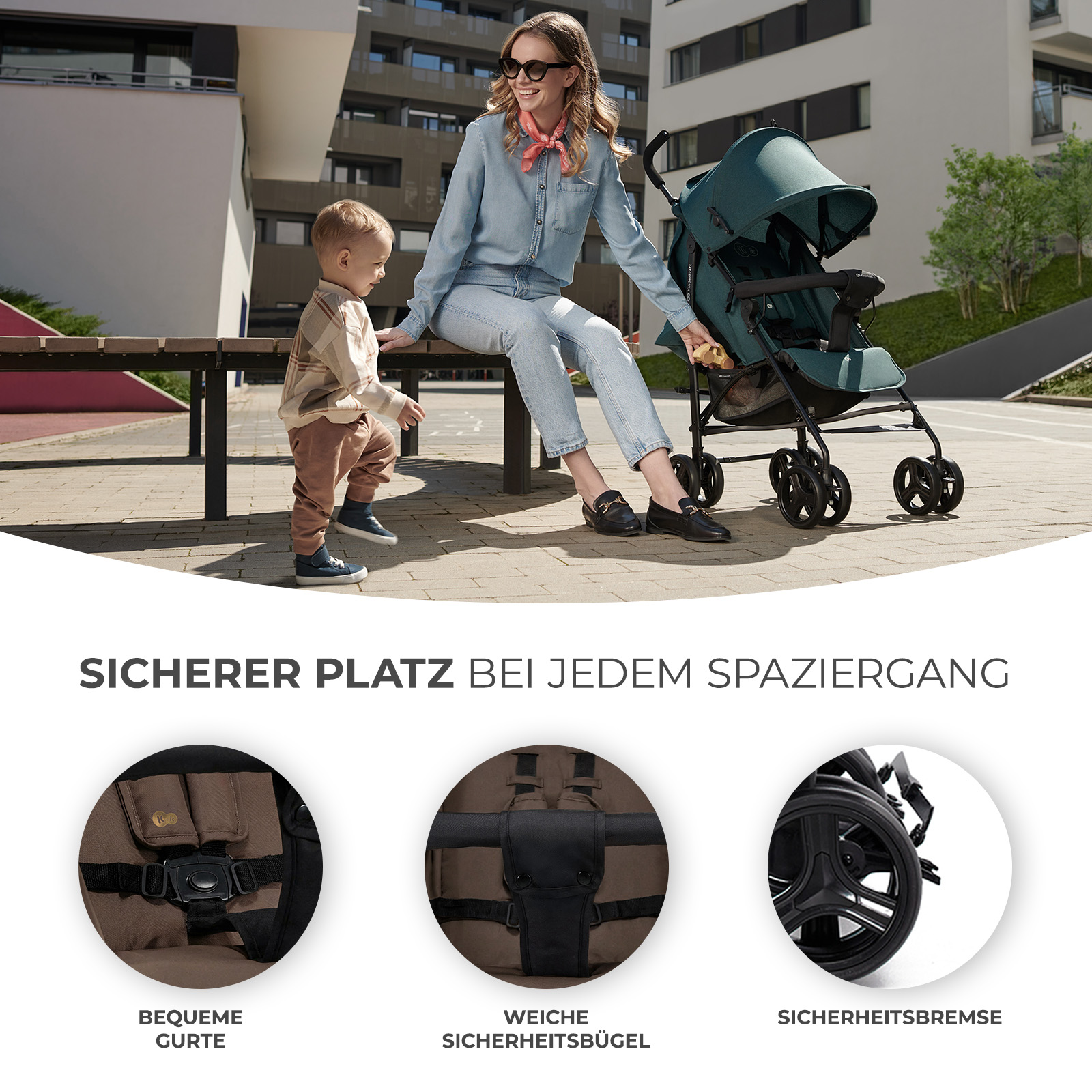 Frau mit Kind sitzt auf einer Bank neben einem Kinderwagen. Nahaufnahmen von Gurten und Bremse.