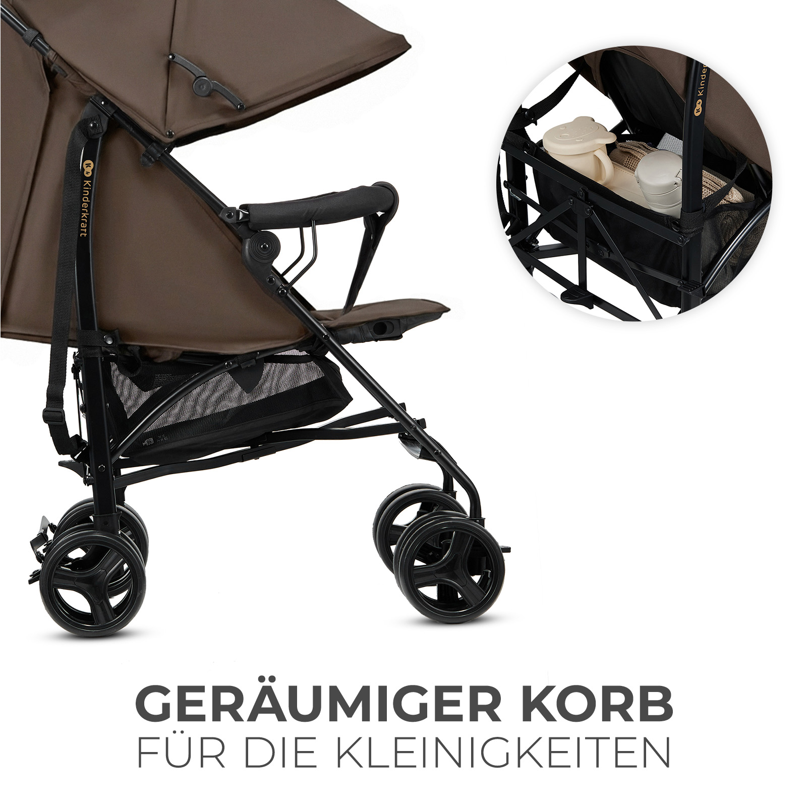 Brauner Kinderwagen mit großem Korb voller Babyartikel.