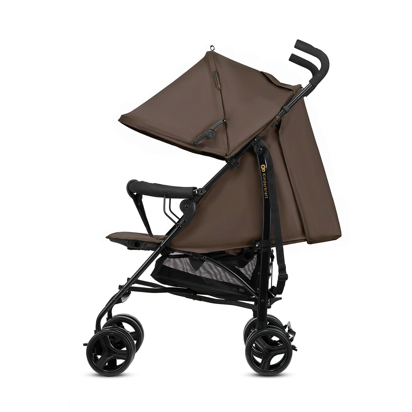 Ein brauner Kinderwagen mit schwarzem Rahmen und Verdeck.