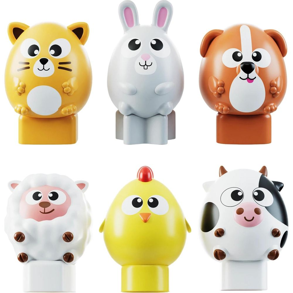 Sechs bunte Spielzeugtiere: Katze, Hase, Hund, Schaf, Huhn und Kuh.