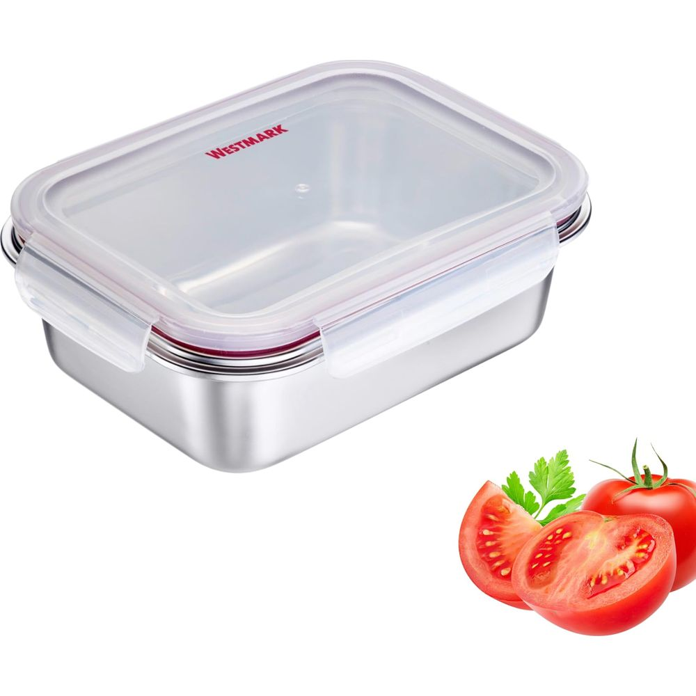 Edelstahlbehälter mit transparentem Deckel und Clips, daneben Tomaten und Petersilie.